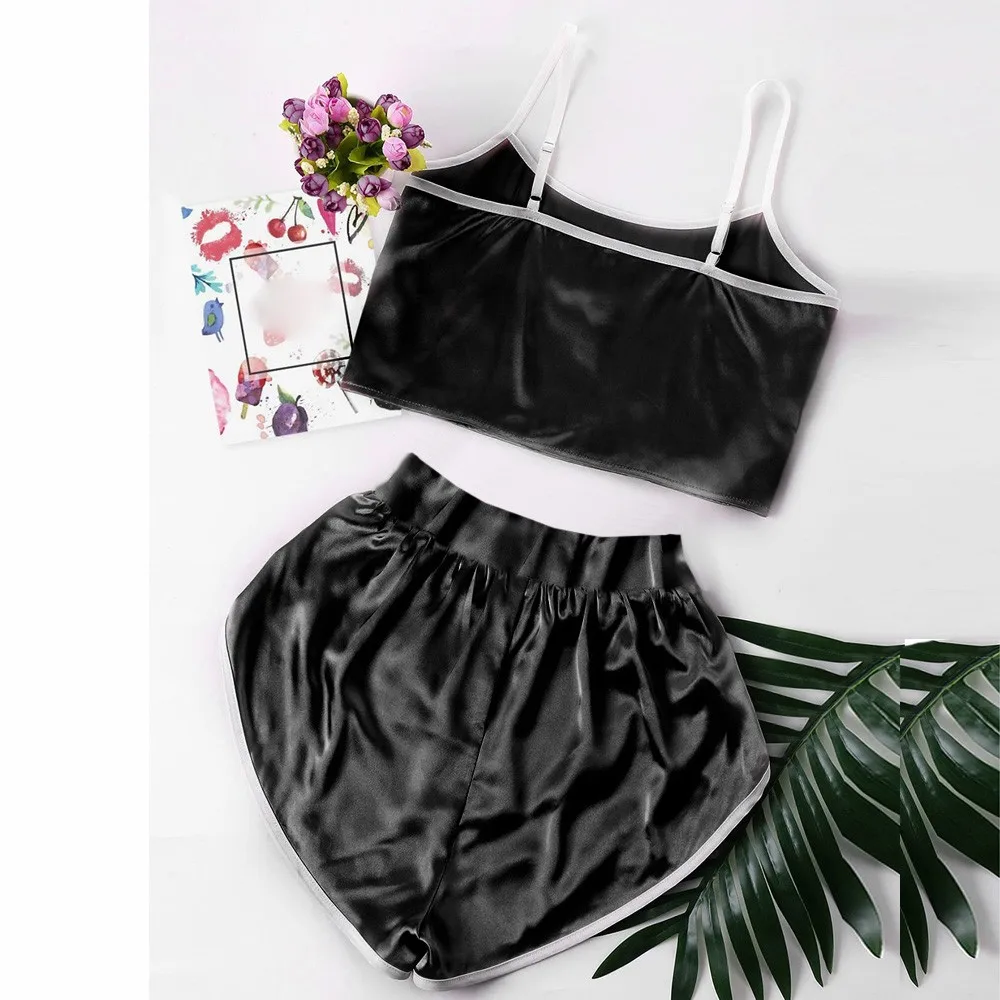 Girl Sporty Style Pajamas Women Spaghetti Strap Cropped Camisole Elastic High Waist Shorts Loose Soft Sleepwear Summer Homewear