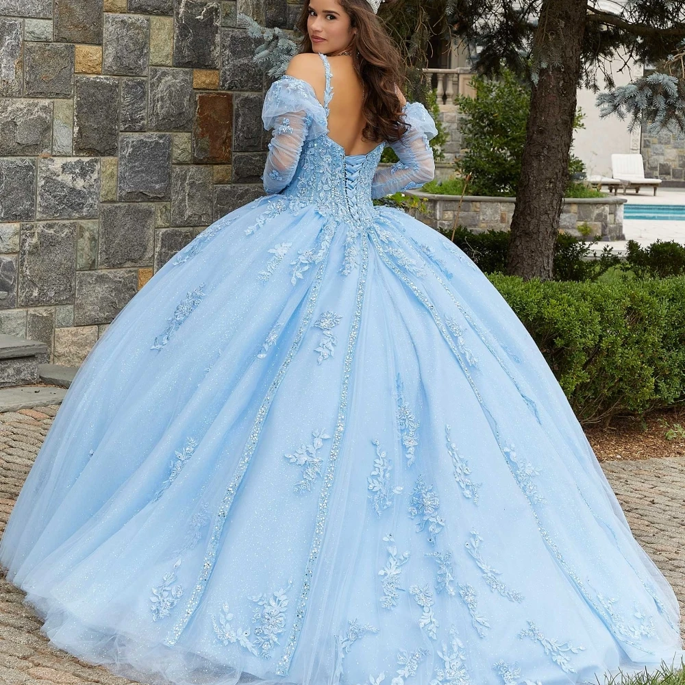 EVLAST Customized Blue Quinceanera Dress Appliques Floral Lace Beaded Pouf Long Sleeve Corset Sweet 16 Vestidos De XV Año TQD114