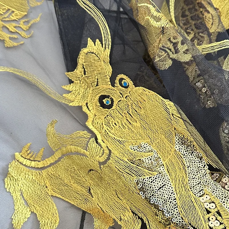 1Pcs Super Large Gold Sequin Dragon Black Mesh Fabrics Embroidery Patches Applique Sewing On Clothing Dress Lace Patch Decor DIY