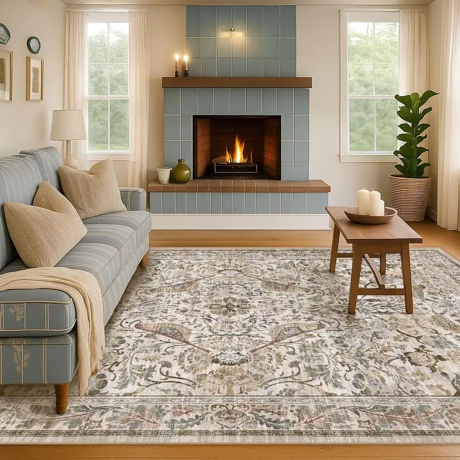 

Коврик для гостиной 5x7, винтажный моющийся коврик для спальни, кухонный стол, домашний офис, восточный коричневый ботанический дизайн, низкий пил