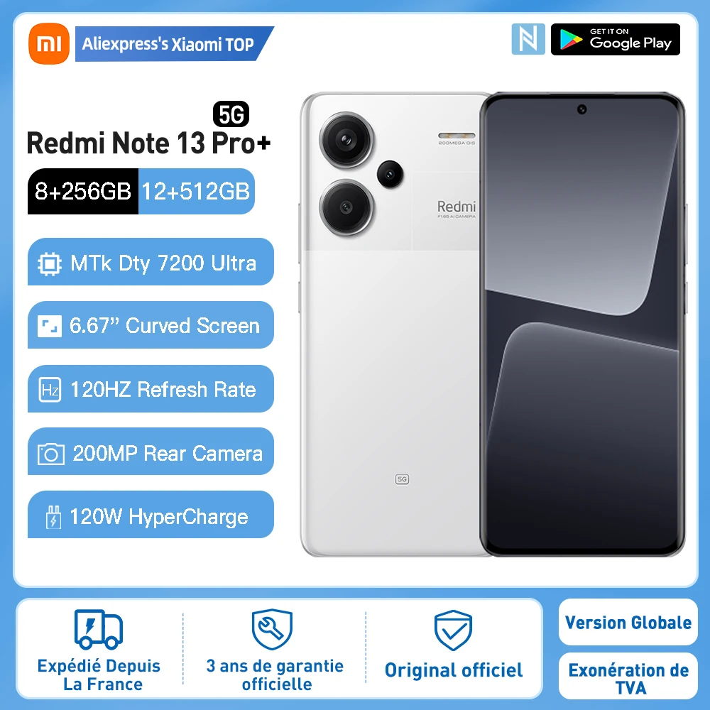 Xiaomi Redmi Note 13 Pro Plus 5G, Smartphones, NFC, Global Version, 8+256GB, Mediatek Dimensity 7200 Ultra, 6,67 