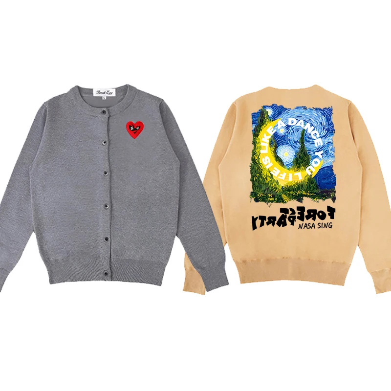 

The Starry Night Oil Paint Print Women Cardigan Cotton Cute Red Glasses Heart Embroidery O-Neck Single Breasted Autumn Sweater