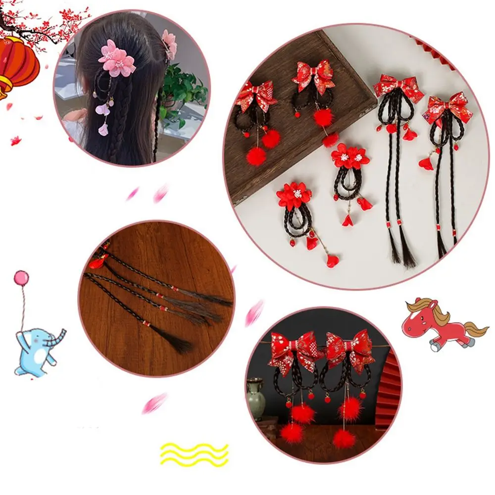 1 Pair Chinese Style Bow Child Hair Pin Girl Pearl Tassels Flower New Year Headdress Cute Sweet Red Autumn Winter Headwear