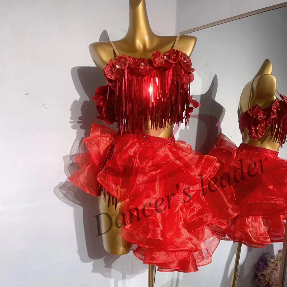Latin dance Dress High end Customized Red Tassel Wave Tail Dress Chacha Tango Female Adult Stage Professional Clothing