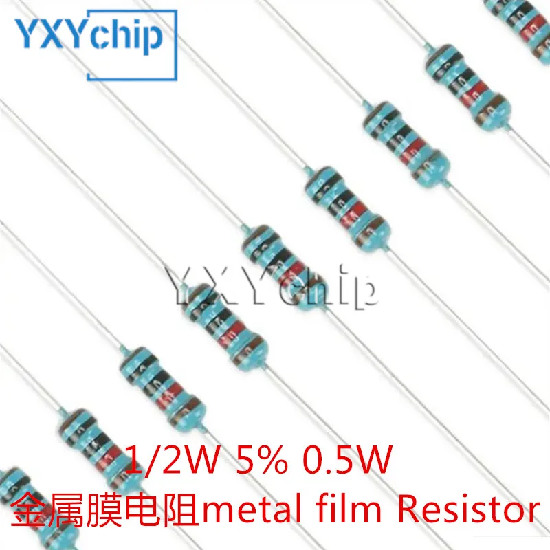 50 buah 1/2W Resistor Film logam 4.3 43 430 4.7 47 470 5.1 51 510 R K ohm 1% 0.5W resistensi lima warna 4R3 4R7 5R1 4.7K 5K1