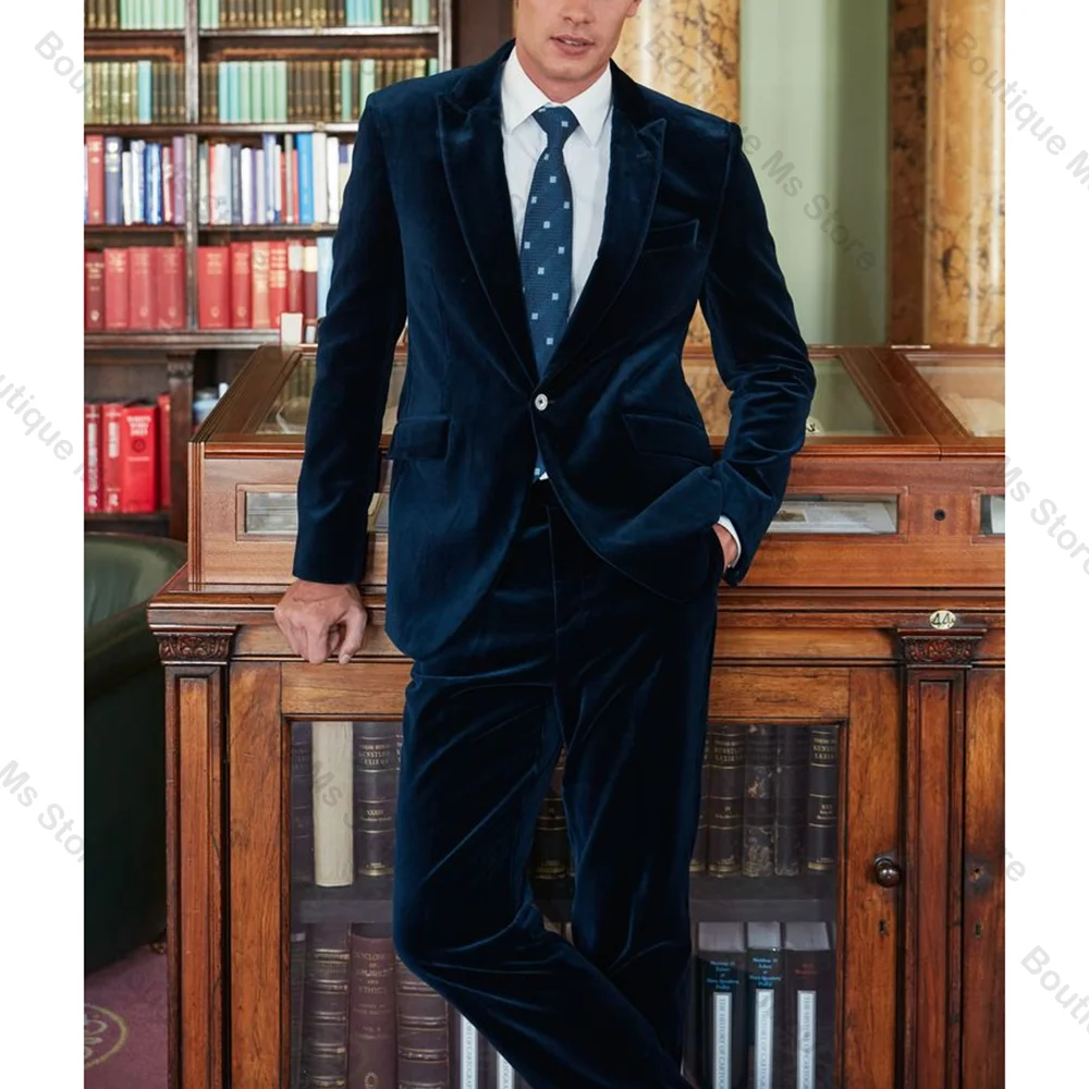 

Luxury Blue Velvet Single Breasted Men Suit Two Pieces(Jacket+Pants) Outfits Casual Party Prom Clothing