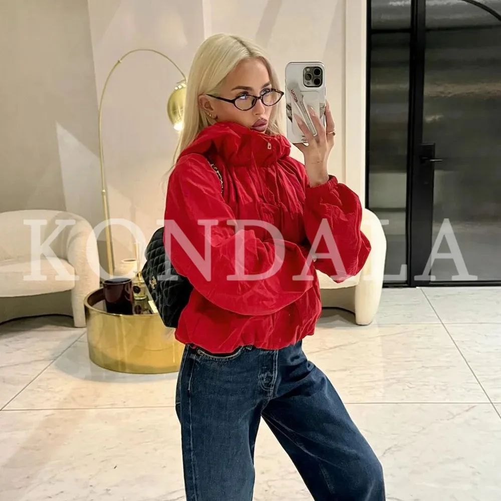 KONDALA 2026 Frühling Sommer Elegante Rote Damenjacken Mode Lässige Reißverschluss-Jacken mit Schleife für Strand und Party Damen Nylon-Jacken
