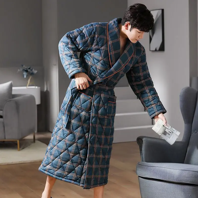 Men'S Winter Thick Quilted Plaid Bathrobe Warm Cotton Padded Shawl Collar Long Loungewear Robe With Belt Pockets For Home