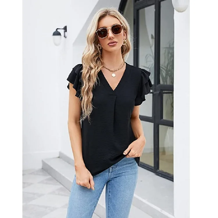 New Summer Women's Shirt V-neck Ruffle Short-sleeved White Top Pink Fashion Basic Black Blouses for Female
