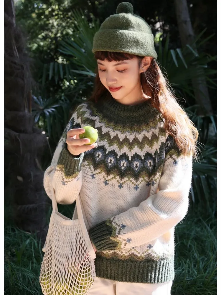 104-106cm Biust Jesień Zima Fair Isle Pullovers Sweter z dzianiny Kobiety Vintage Nordic Luźny Gruby Ciepły 70% Wełna Sweter Sweter