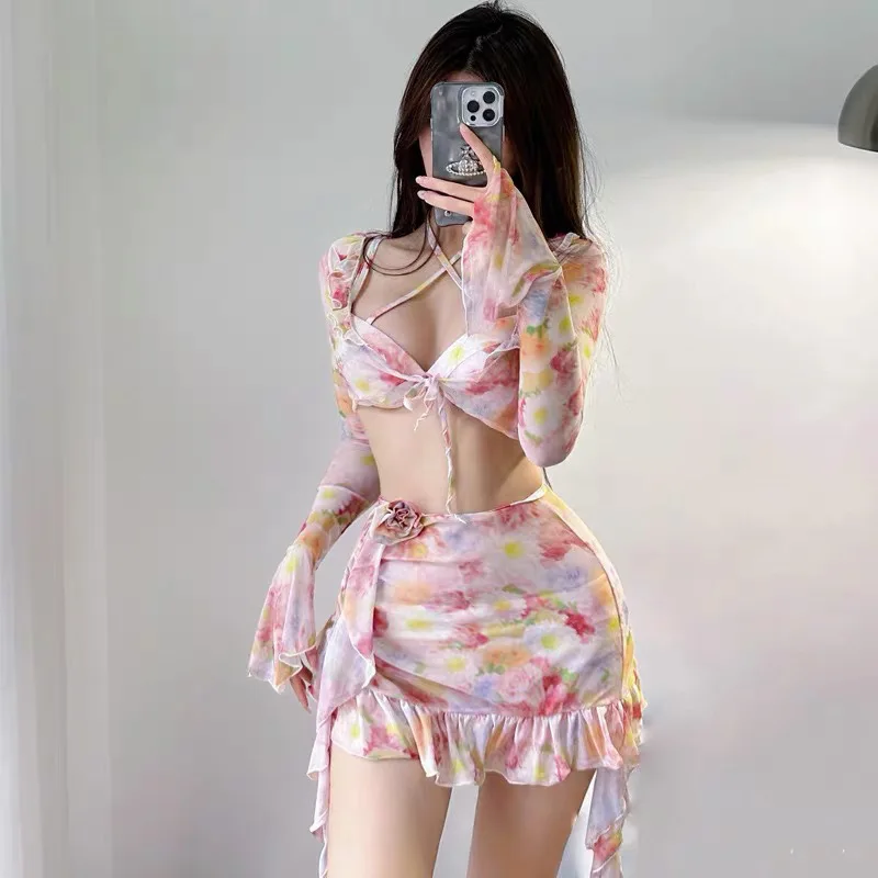 2024 3pc Set Swimwear Women Long Sleeve Sunscreen Top Bikini Swimsuit with Beach Skirt Print Bathing Suit Beachwear Bikini Set