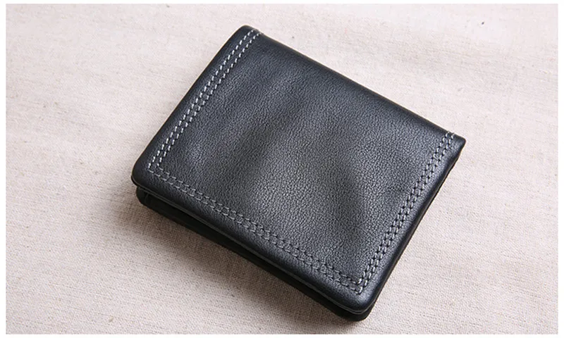 Cartera de cuero genuino para hombre, billetera de sección corta, personalidad juvenil, suave, primera capa de piel de vaca, tarjetero negro para identificación de crédito