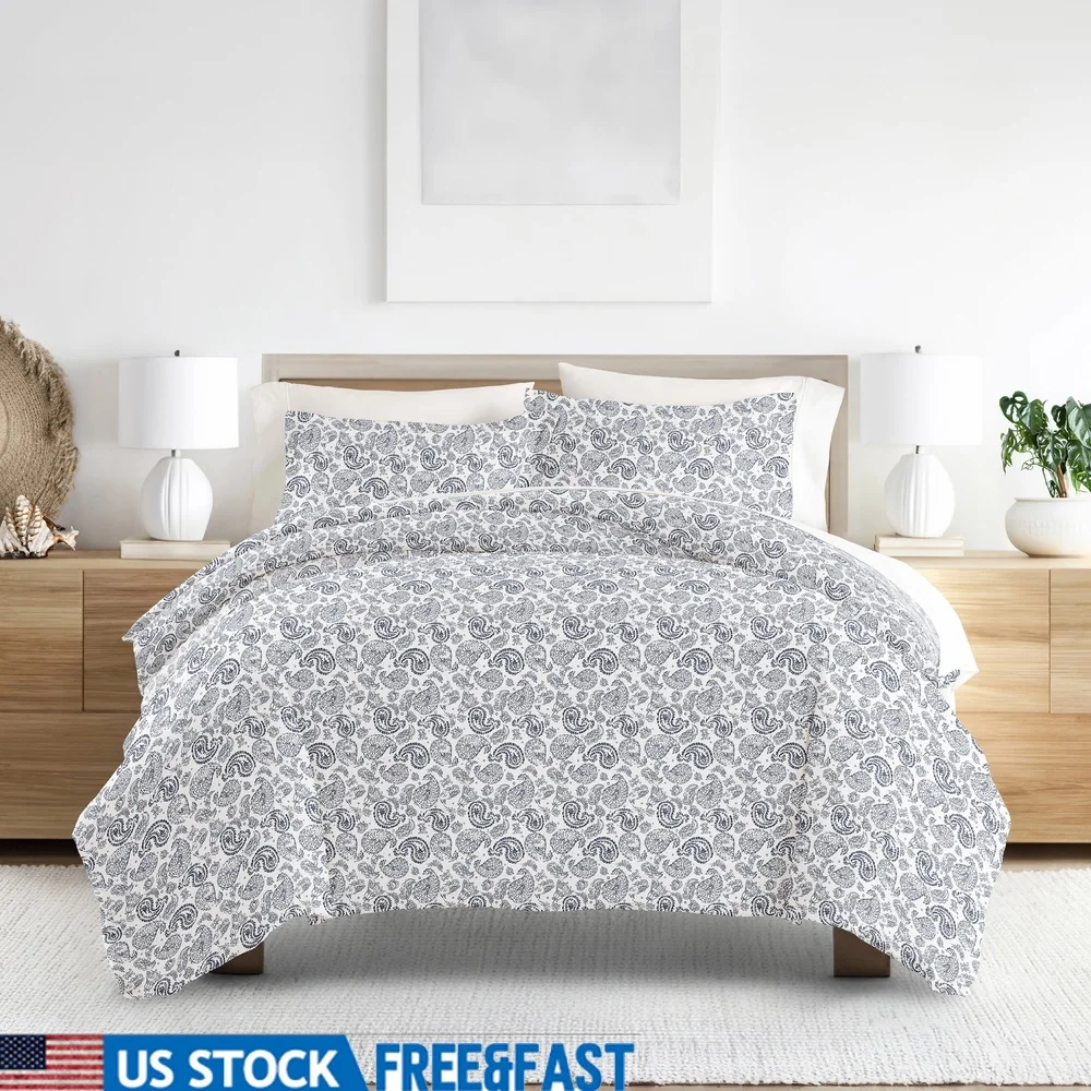 

Navy Coarse Paisley Print Duvet Cover Set 2-Piece Microfiber Bedding Soft Durable Hypoallergenic Easy Care Machine Washable