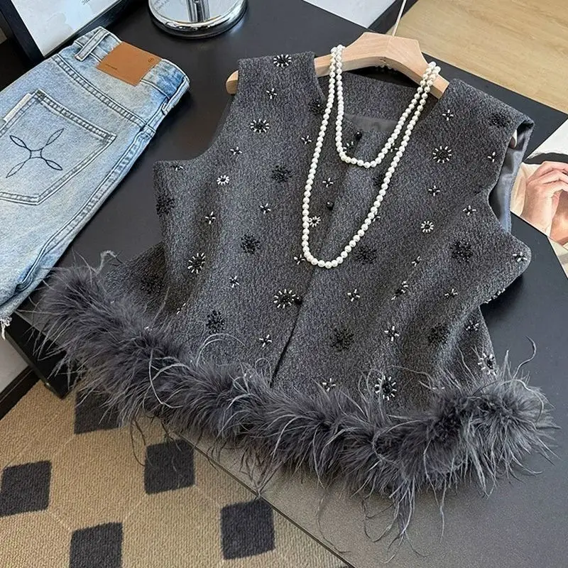 

tube embroidered vest splicing Chinese simulation ostrich vest 2025 vest top jacket waistcoat women sleeveless cardigan