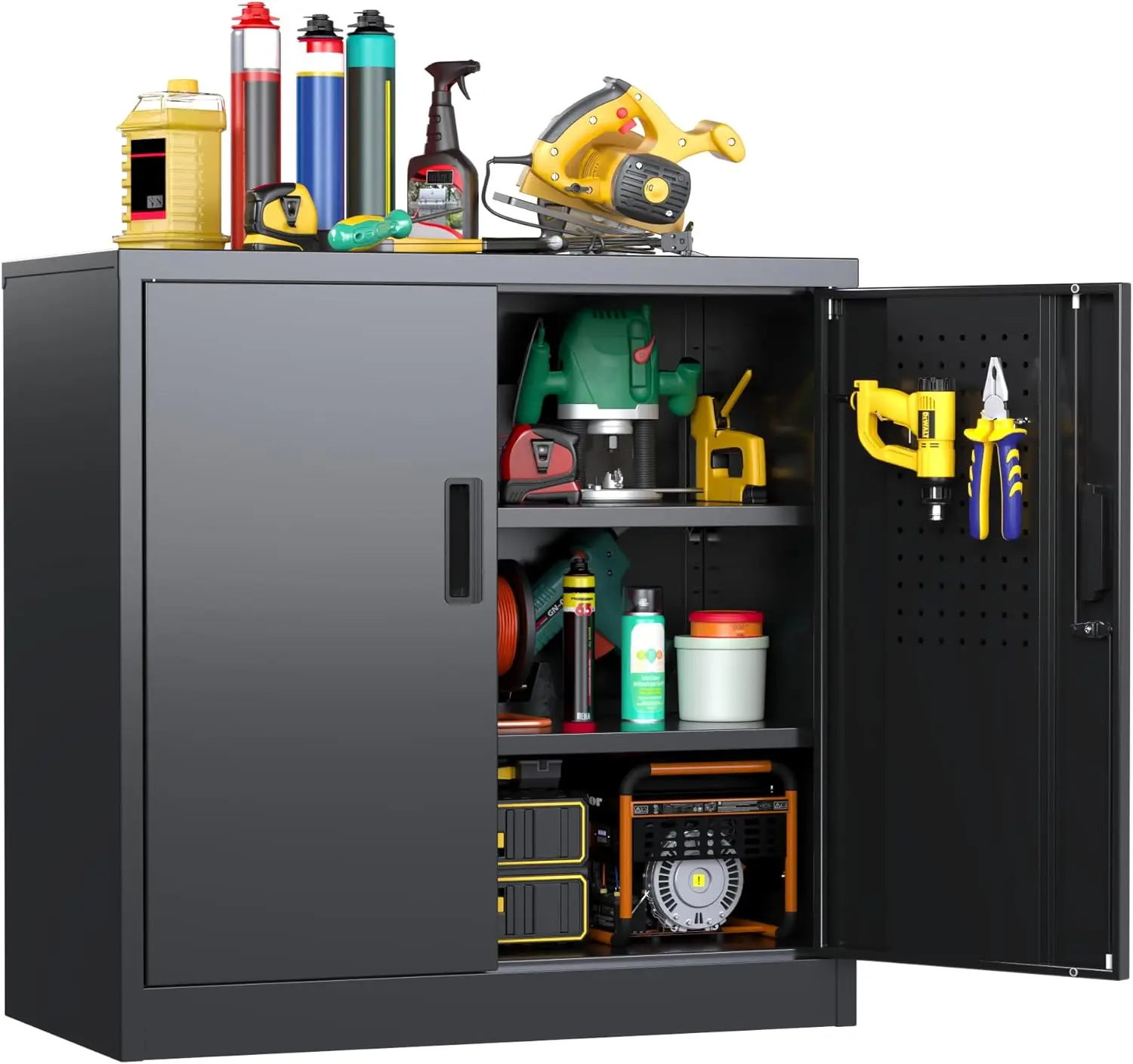 

Metal Storage Cabinet, Garage Storage Cabinet with 2 Lockable Doors and 2 Adjustable Shelves, Garage, Black