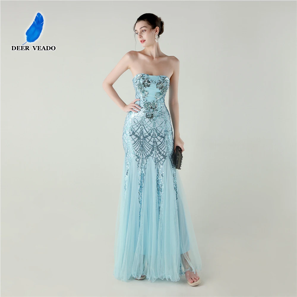 

DEERVEADO 10 Colors Women's Strapless Sequins Evening Dress Elegant Mermaid Formal Occasion Dress Prom Party Dresses