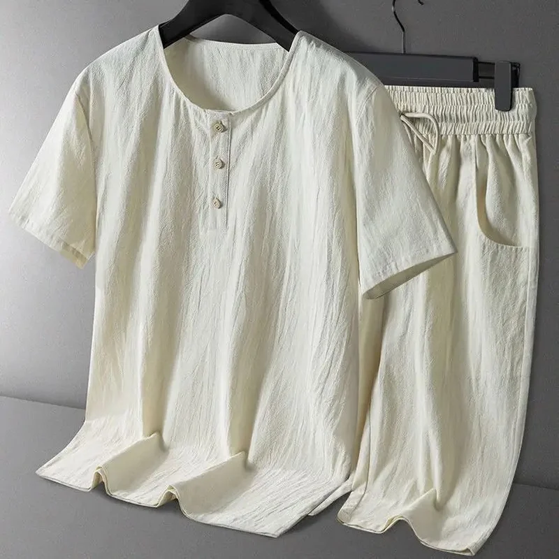 Conjunto deportivo informal de estilo oriental para hombre, camiseta de manga corta con cuello redondo y pantalones cortos, fresco al tacto, talla grande, para uso diario, 2 piezas.