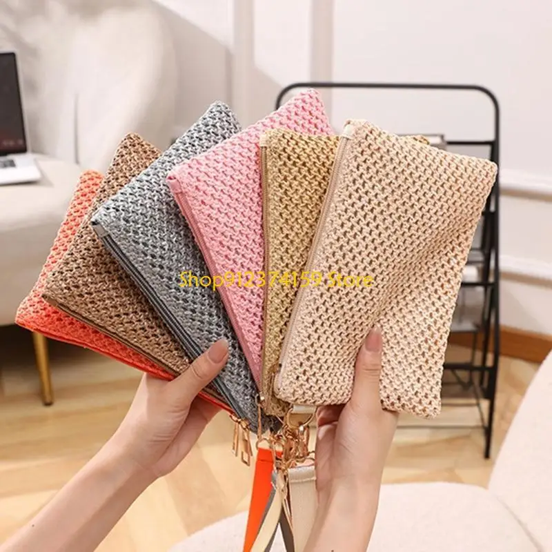 

G5AE Casual Bohemian Straw Wristlet Clutch Bag for Women Solid Color Beach Vacation Zippered Purse Small Handbag Wallet