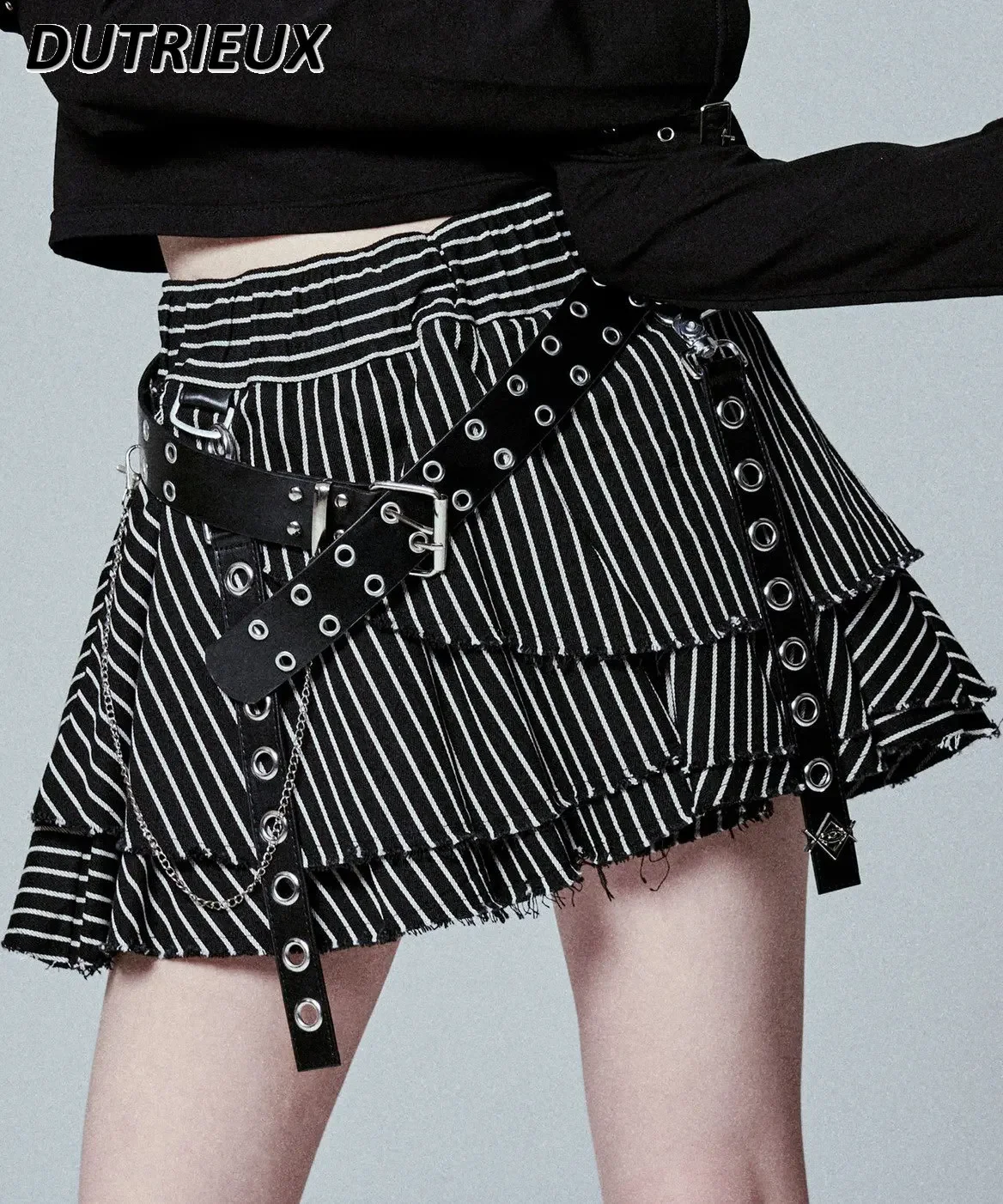 Japanese Style Fashion Dark Punk Girl Rivet Belt Irregular Gothic Casual Skirt 2024 New Summer Women's High Waist Skirts