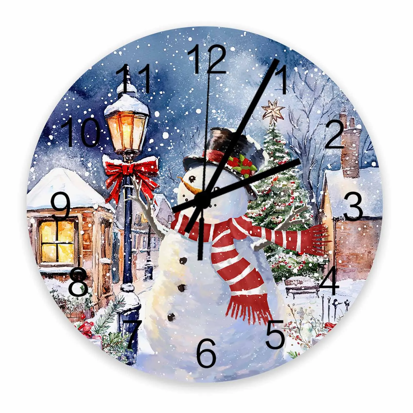 Winter Christmas Snowman Snow Scene Wall Clock Large Modern Kitchen Dinning Round Wall Clocks Bedroom Silent Hanging Watc