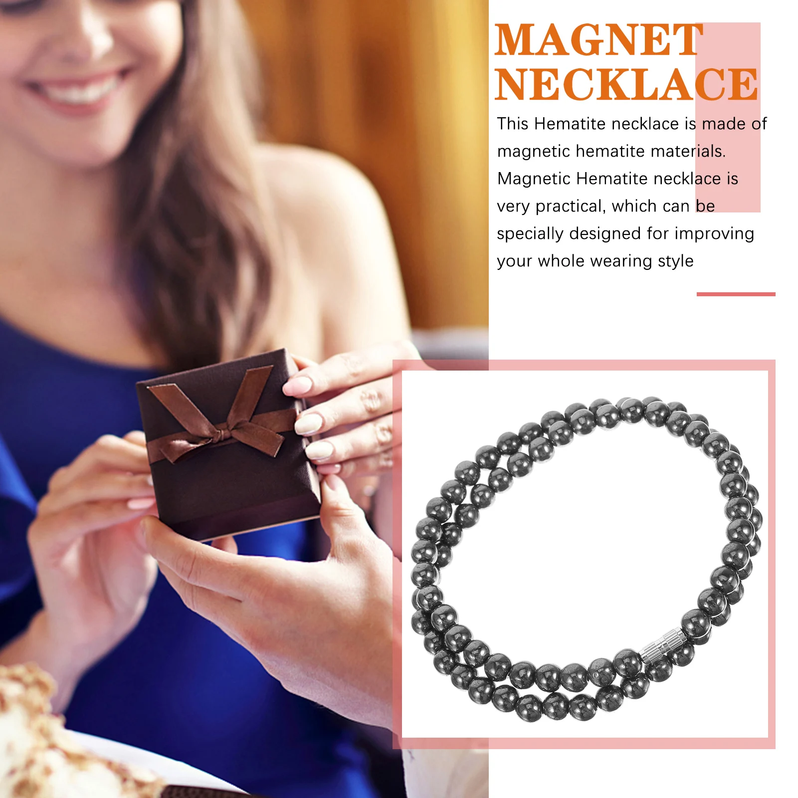 

Magnetic Necklace 6MM Black Bile Stone Health Necklace Women Jewelry Hematite Pendant Round Beads Choker Sweater Chain Gift