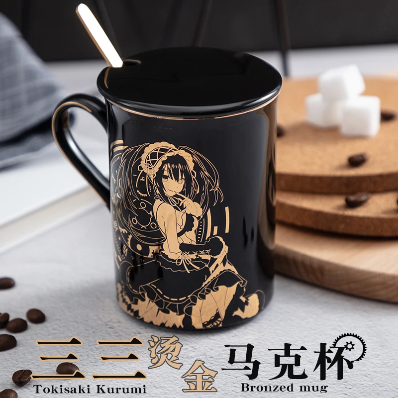 

Anime DATE A LIVE Tokisaki Kurumi Water Cup Mug Cup Hot Stamping Ceramics Porcelain Cup Spoon+Cup lid Cosplay Gifts Cosplay