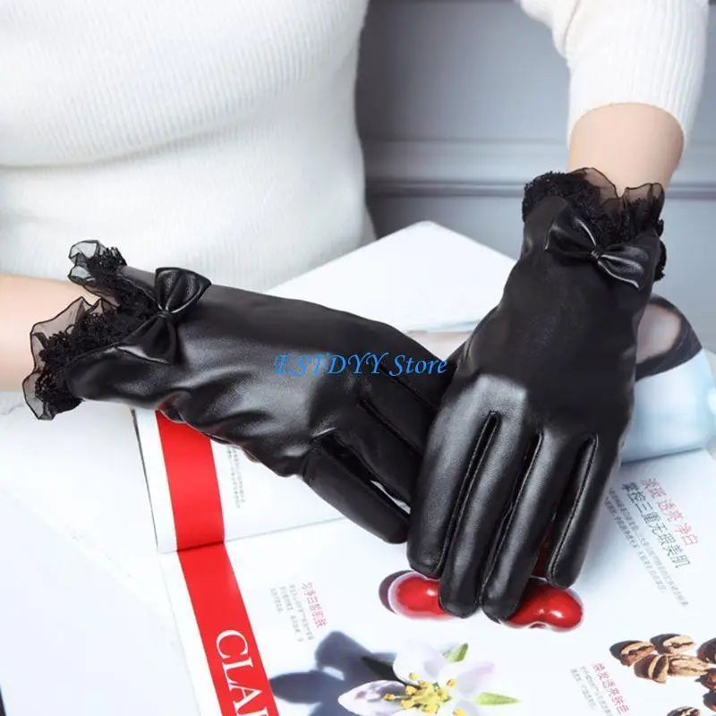 

G6DE кружевные теплые перчатки из искусственной кожи с бантом, женские лыжные перчатки с длинными пальцами, элегантные женские