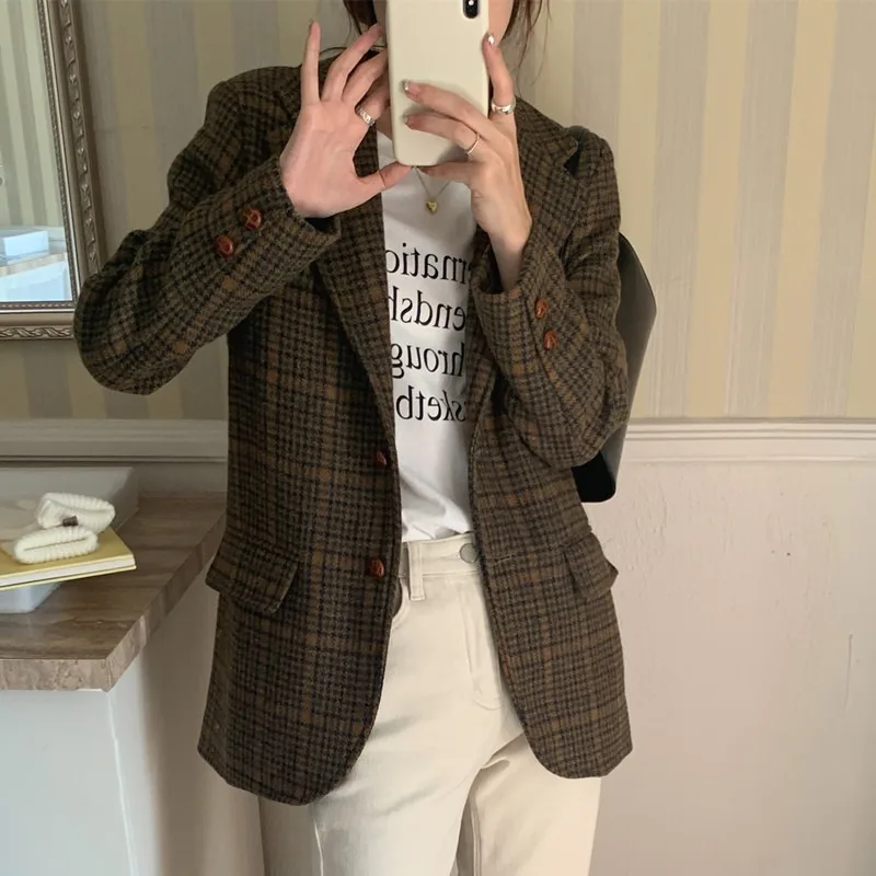 Women's Autumn and Winter Casual Blazer Jacket Retro Houndstooth Lapel Single-breasted Wool Coat Top