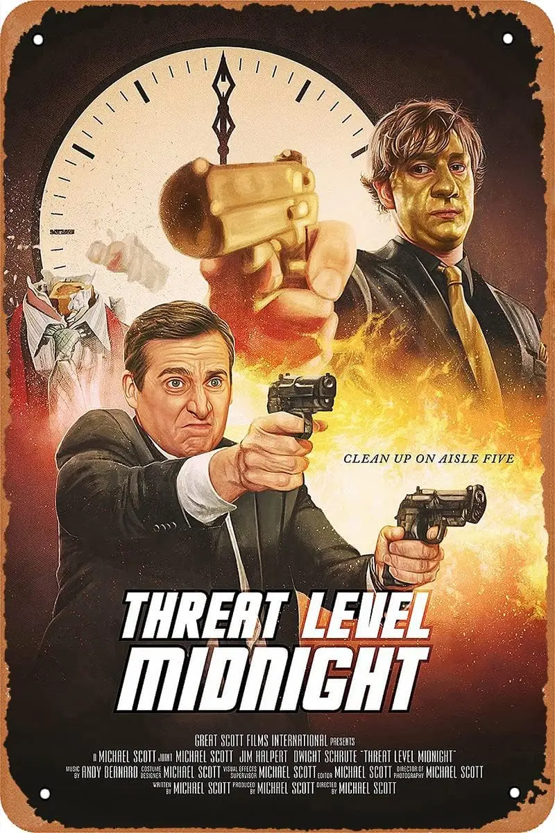 Threat Level Midnight Movie Poster Retro Metal Sign for Cafe Bar Office Garage Home Wall Decor Gift Vintage Tin Sign 12 X 8 sign
