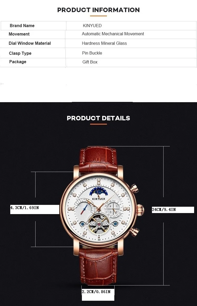 ساعة ميكانيكية متعددة الوظائف من KINYUED، ساعة رجالية أوتوماتيكية دولاب الموازنة، ساعة ميكانيكية لمرحلة القمر، ساعة رجال الأعمال