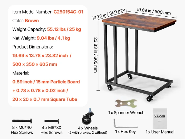 VEVOR C Table C Shaped Sofa Side Table with Metal Frame Rolling Casters Portable C Shaped End Stand for Living Room Office