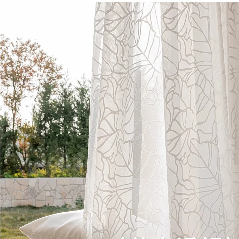 

American Light Luxury Embossed Leaf Flocking Window Screen White Elegant Flocking Jacquard Tulle Curtain For Living Room Bedroom