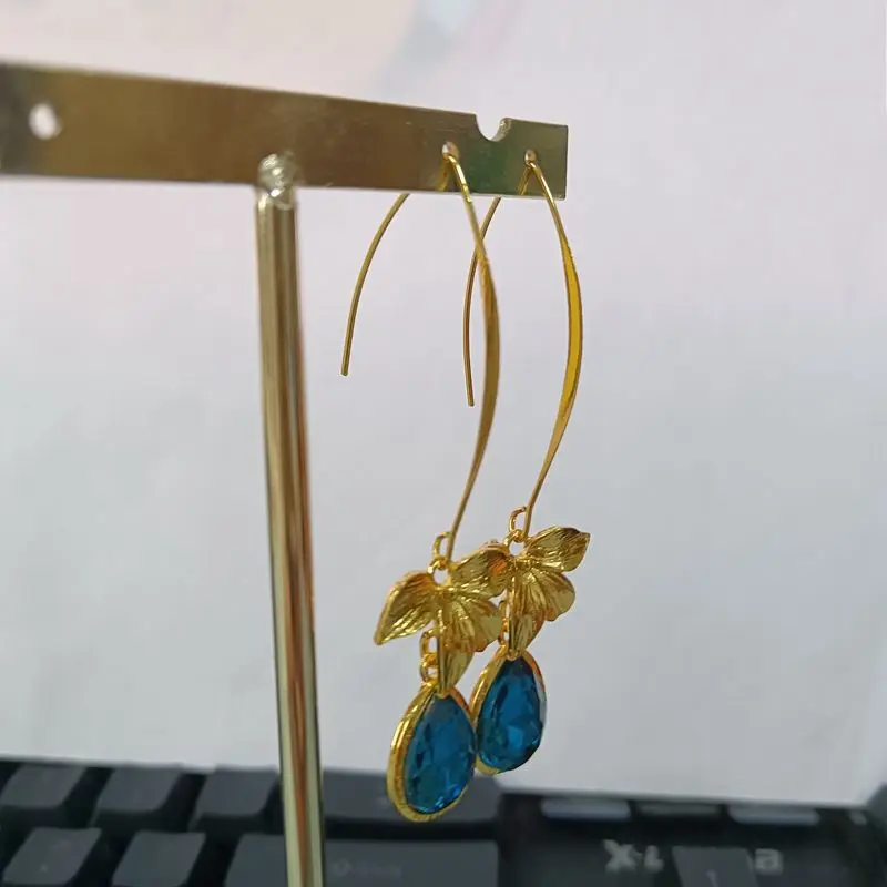 Fashion Yellow Gold Color Flower Water Drop Earring Shiny Blue Earrings for Women Engagement Wedding Anniversary Gift