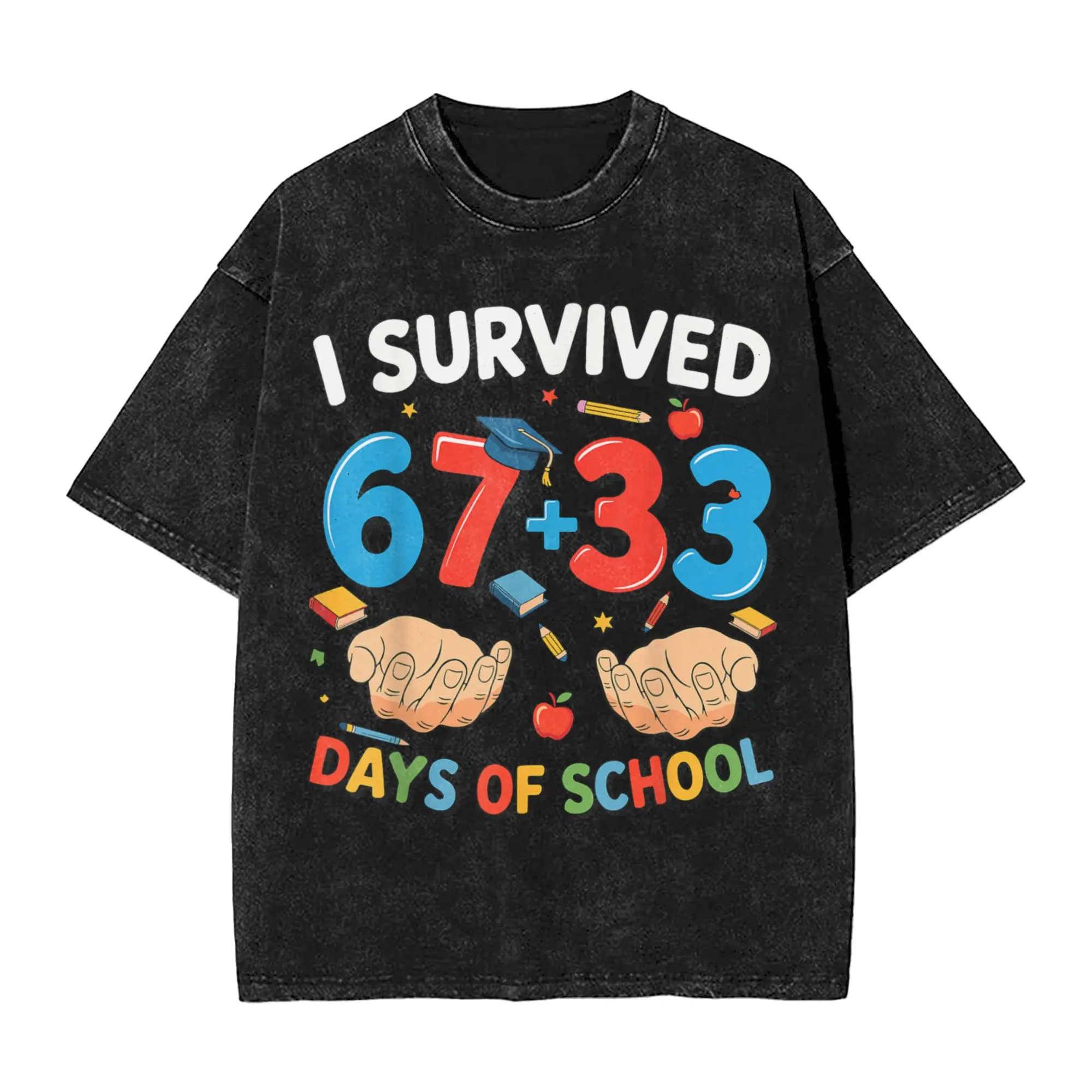 

Oversized Washed T-Shirt Bruh I Survived 67 + 33 Days of School 100th Day of School Cotton T Shirts Hip Hop Tshirt Man Summer