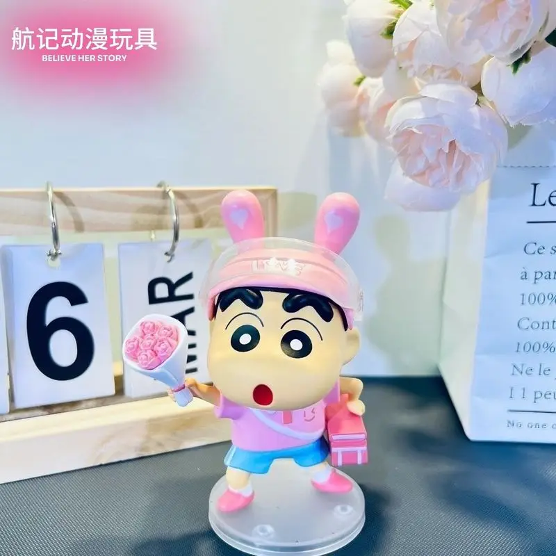 Urocza figurka Crayon Shin-Chan z kwiatkiem, kolekcjonerska figurka anime, dekoracja na biurko, prezent urodzinowy dla dziewczyny