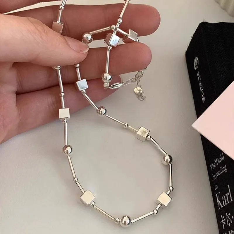 925 Sterling Silver Bead Geometry Necklace for Women Girl Korean Design Versatile Choker Jewelry Dropship Wholesale