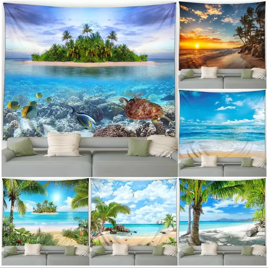 Island Landscape Tapestry Beach Palm Trees Dusk Waves Hawaii Ocean  Home Living Room Dormitory