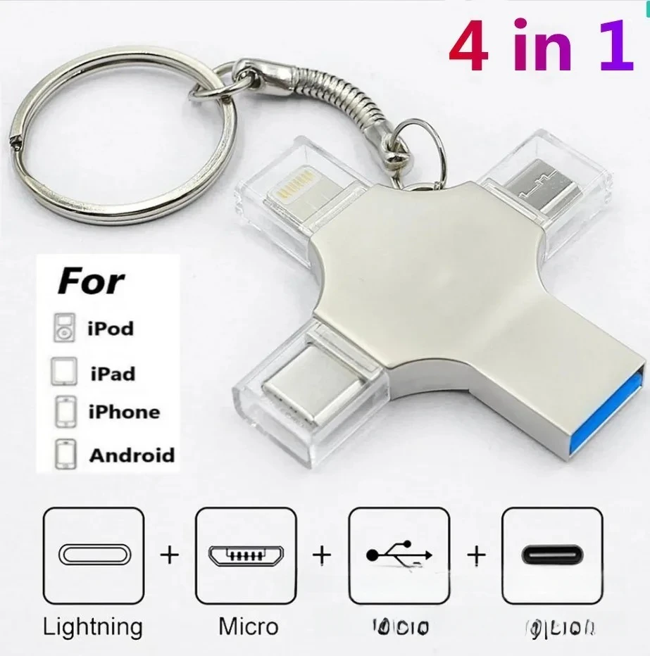 4‑in‑1 OTG USB Flash Drive 1TB 2TB Lightning Type‑C Micro USB For iPhone Android Phone External Storage U Disk