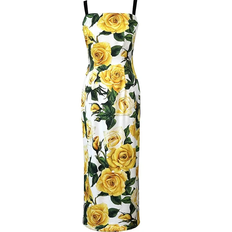 

Fashion Women's New Silk Sexy Spaghetti Strap Elegant Slim-Fit Backless Printed Pencil Hip Wrap Floral MIDI Dresses