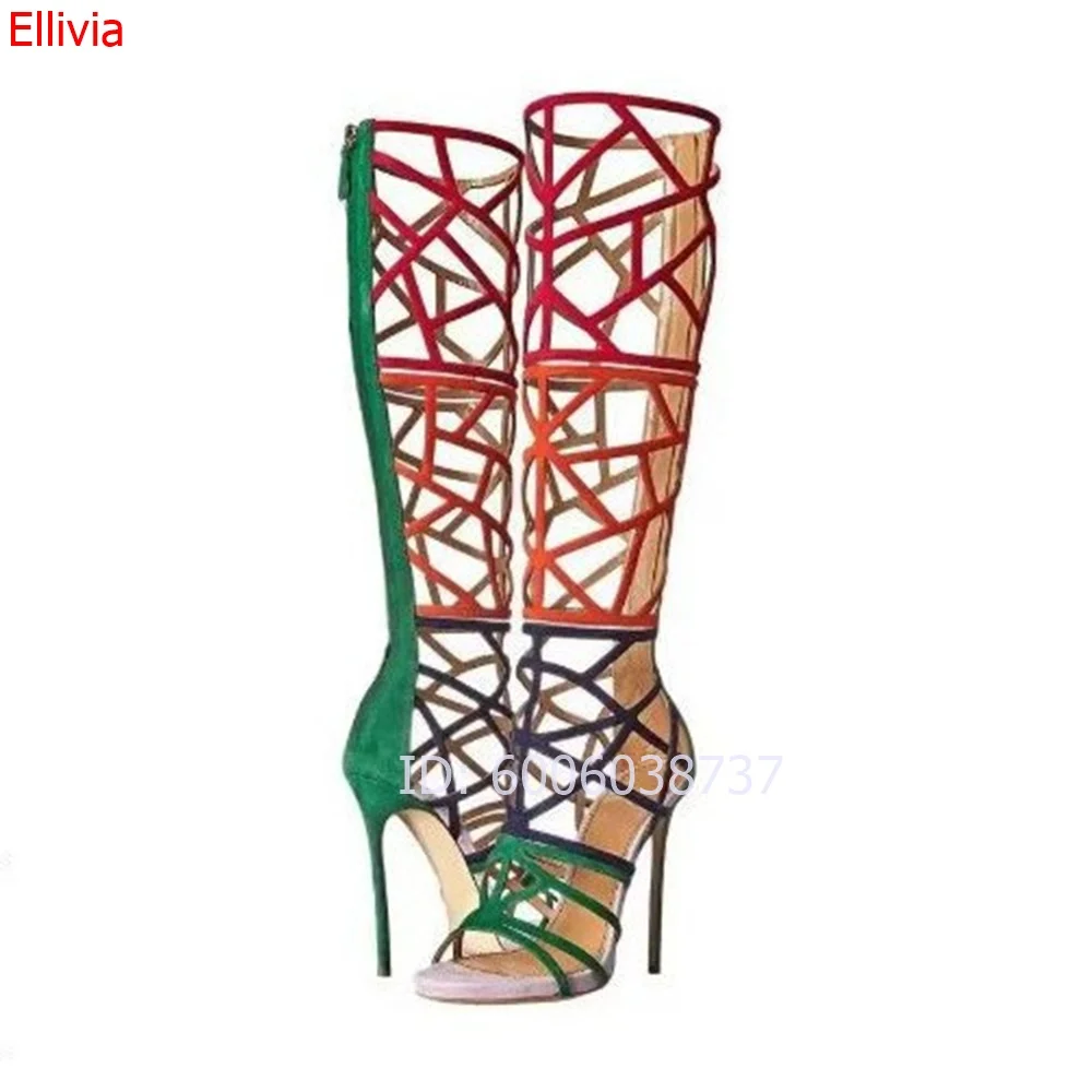 Women Color-Block Gladiator Knee High Sandals Multi-Color Hollow Strappy Open Toe Stiletto Heels Runway Party High Heels Sandals