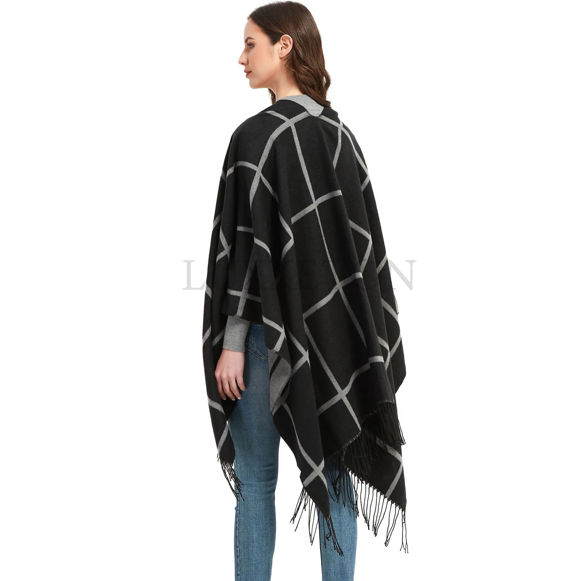 Elegant Cashmere Pashmina Cloak Female Warm Tassel Ponchos Capes Soft Blanket Cape Thick Reversible Plaid Shawls and Wraps