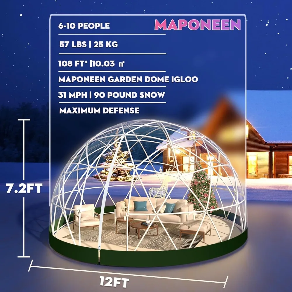 12FT Garden Dome lgloo, Geodesic Dome Greenhouse with PVC Clear Cover, Waterproof Garden Bubble Dome Tent House