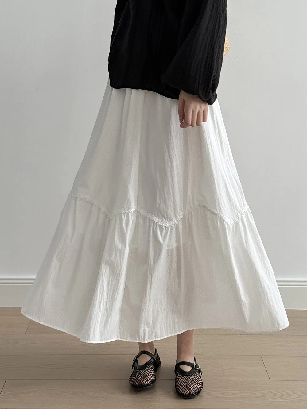 Französisch Stil Frauen Weiß Patchwork Rock Sommer Neue Hohe Taille Einfarbig Große Schaukel A-Line Vielseitig Langen Rock