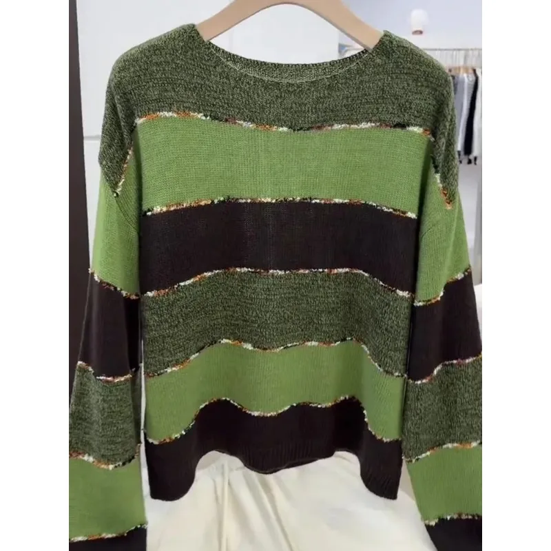 

Lazy Style Color-blocked Striped Long-sleeved Sweater for Women Round Neck Loose and Versatile Autumn and Winter Top