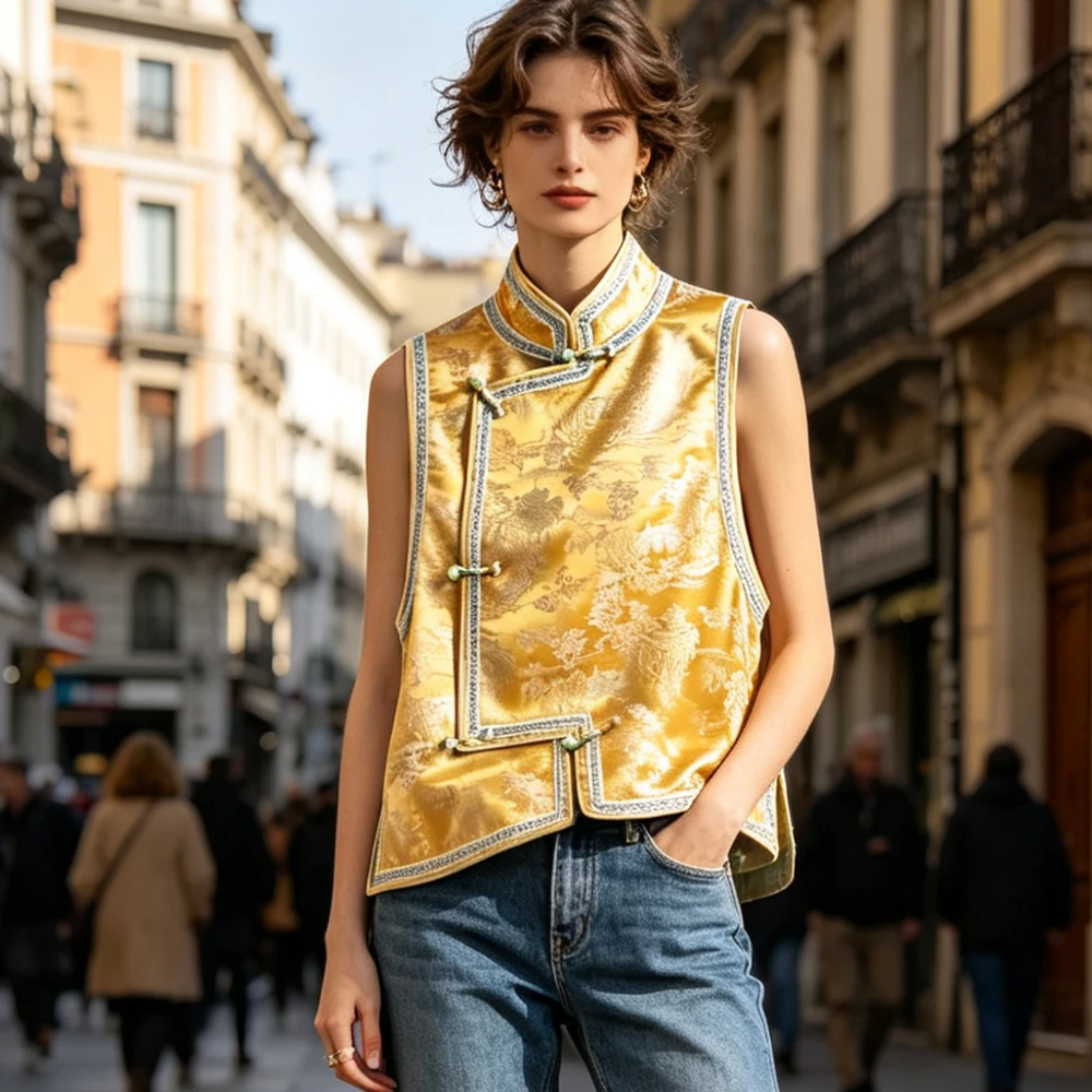 

2026 Spring Autumn New Vintage Chinese Style Jacquard Floral Vest Hanfu Top Tangsuit Vest Coat Womens Elegant Sleeveless Coats