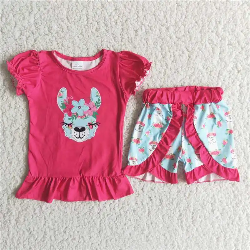 

Promotion Toddler Boutique Baby Girl Alpaca Rose Red Short Set Ruffle Tops Flower Shorts Kids Clothes Children Summer Clothing