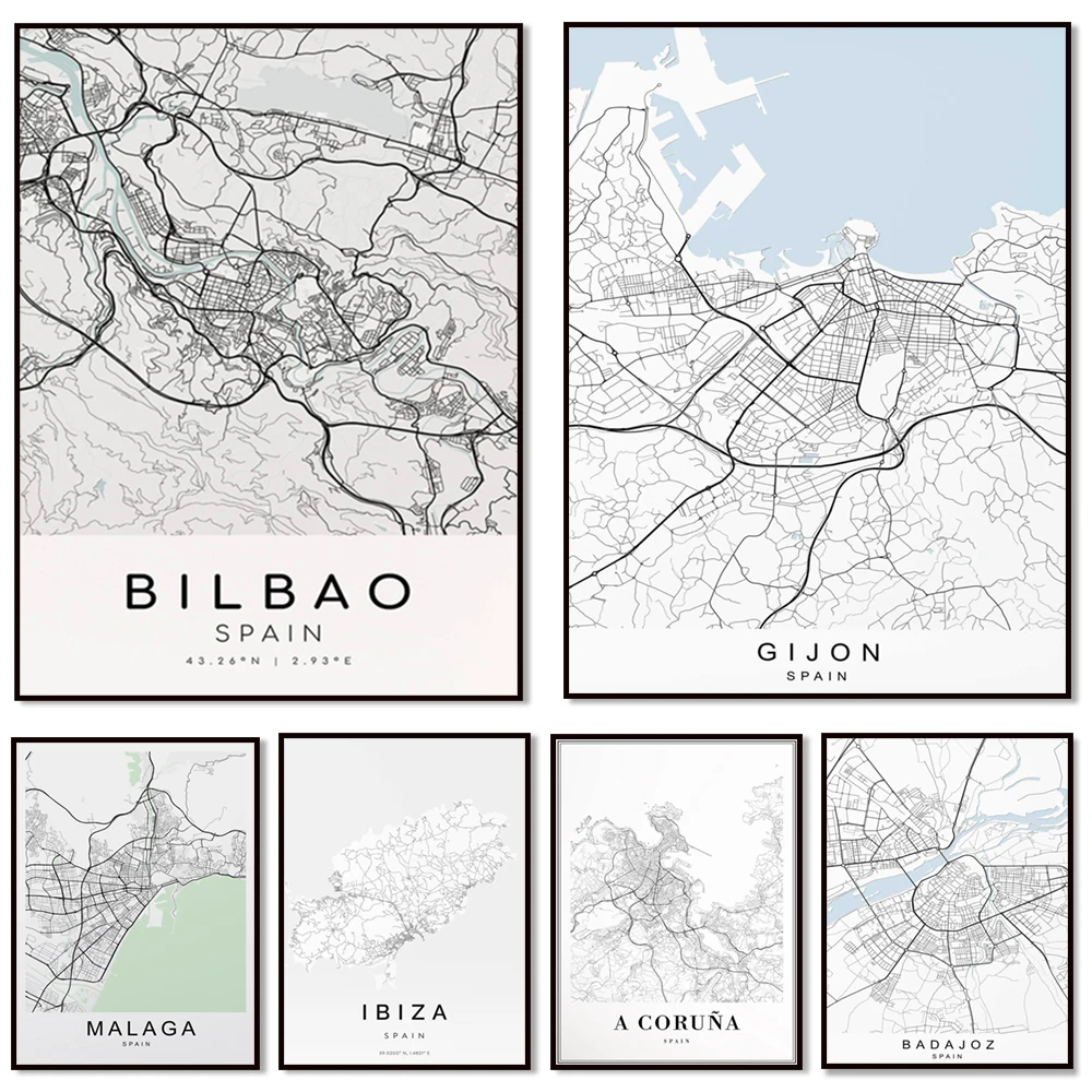Póster de mapa de A Coruna, Visalia, Badajoz, Bilbao, Gijón, Girona, Cuba, Ibiza, Granada, Las Palmas, Gran Canaria, León, Malaga España