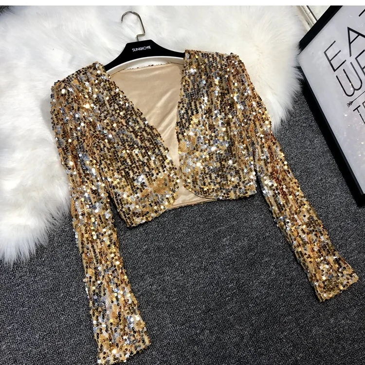 Spring Women's New Fashion V Neck Cropped Sequin Blazer Slim Fit Versatile Stylish Streetwear Commute Performance Elegant Jacket