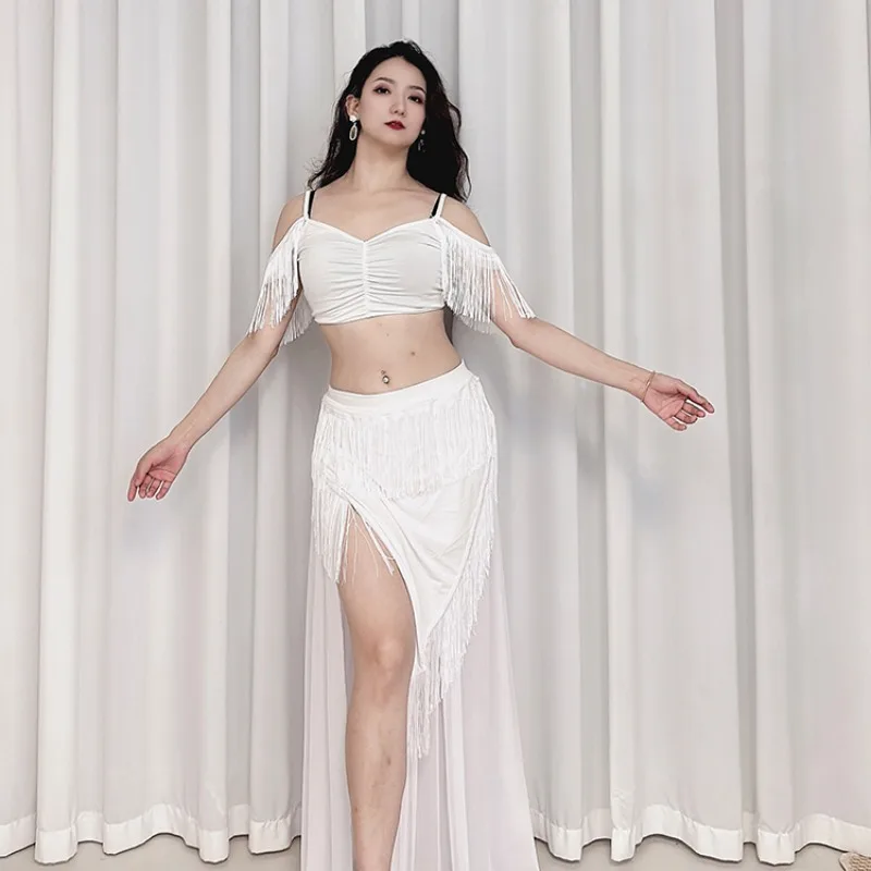 Traje de dança do ventre swega personalizado, roupa de prática com borla inspirada no vento, conjunto plus size, sexy, saia de fenda de camada dupla, 2 peças