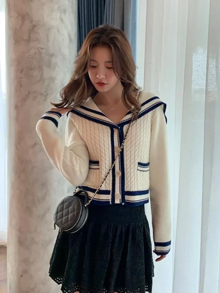 Small Fragrance Cardigan Sailor Collar Long Sleeve Striped Contrast Color Pockets Sweaters Casual Loose All Match Women Clothing